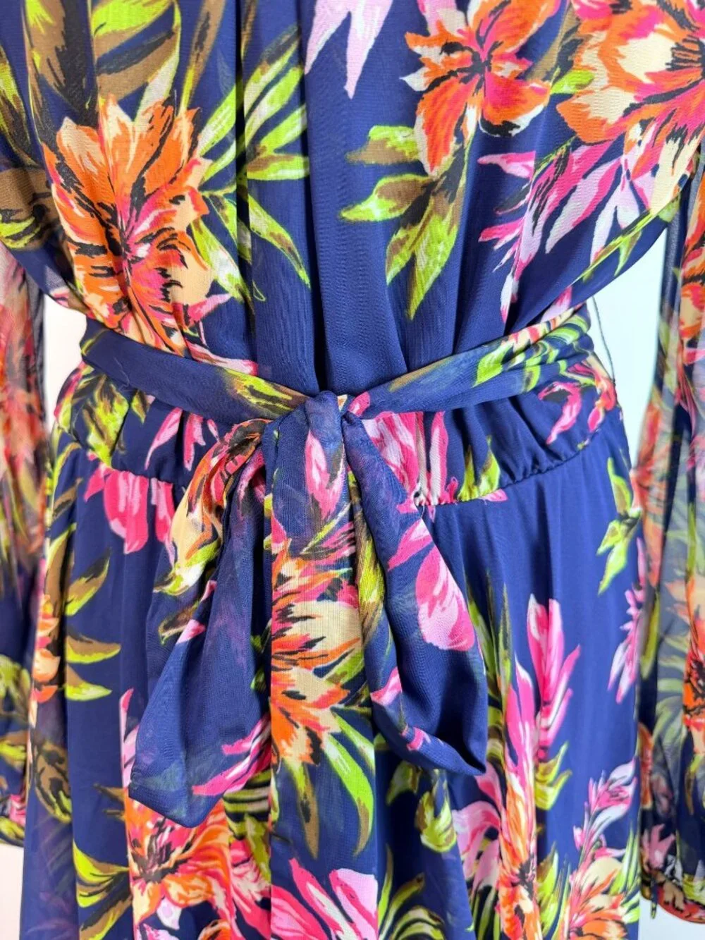 Renn Womens XL Tropical Floral Maxi Dress Blue Long Sleeve Belted NWT - Picture 10 of 16